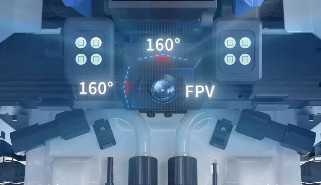 Close-up diagram of an FPV camera module with a wide field of view
